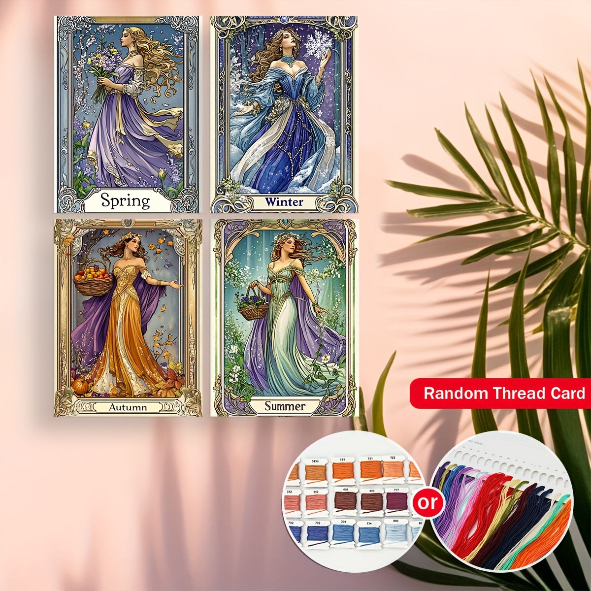 ZUOANLF 1 Set - 40x50cm/15.7x19.7in Fabric Cross Stitch DIY Kits, 11CT/14CT, Seasonal Goddess Designs (Spring, Summer, Autumn, Winter), All-Season Themes, Includes Printed Fabric, Needles, Threads, Patterns & Instructions - P