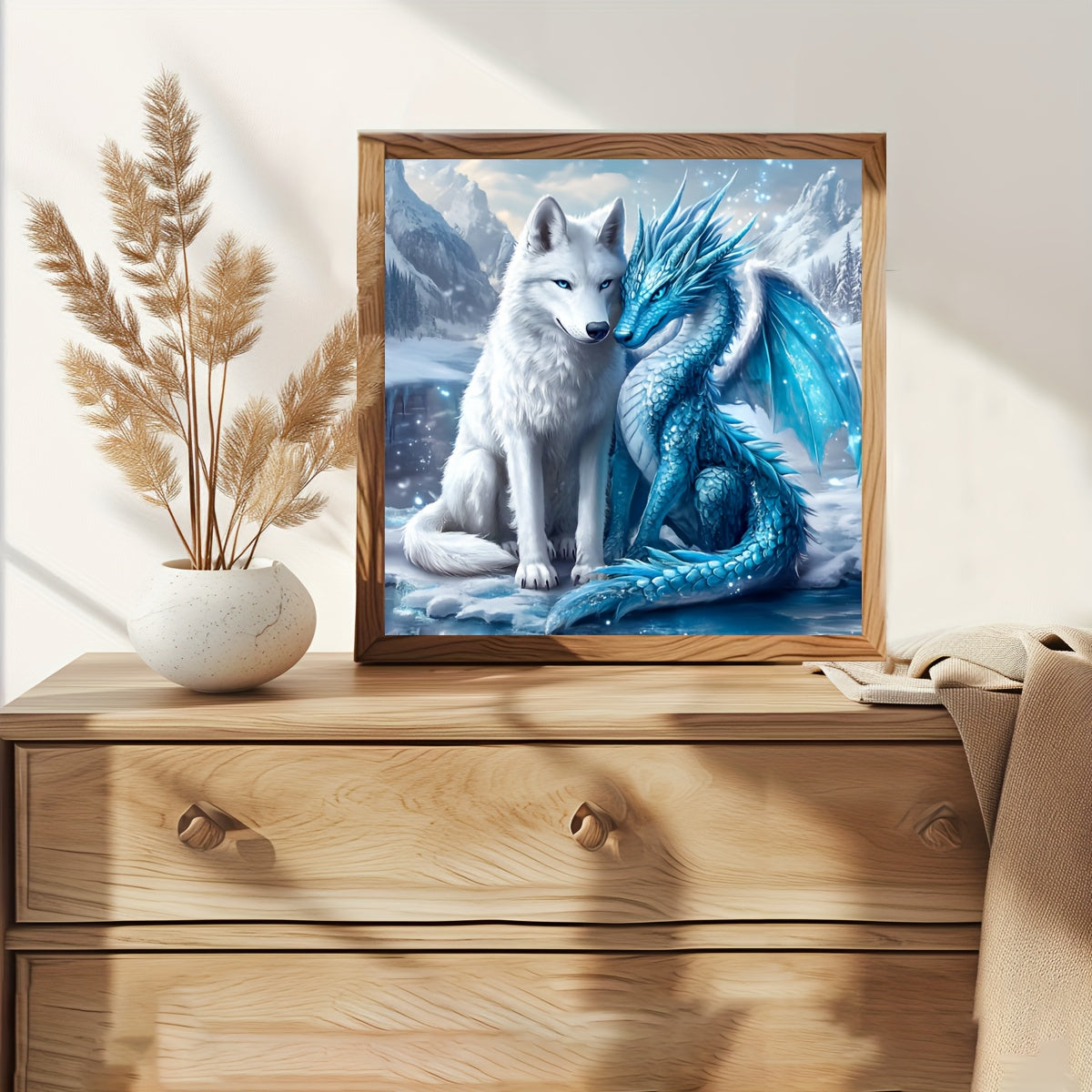 JOZYSH 1pc 30x30cm/11.8x11.8in Ice Dragon & White Wolf Cross Stitch DIY Kit - 11CT/14CT, All-Season Animal-Themed Fabric Wall Art for Bedroom, Living Room, Perfect Gift with Printed Canvas, Needle, Thread, Pattern, and Instru