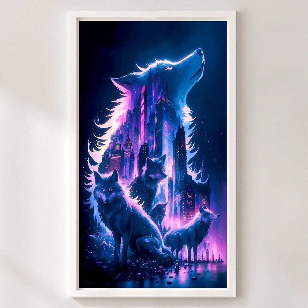 Cross Stitch Kit - 11-Count, 3-Thread, 15.75x27.56inch, Cyber City Silhouette Wolf Design, Vibrant Purple & Blue Urban Skyline with Howling Wolves, Detailed Embroidery Pattern for All Seasons, Embroidery Kit|Vibrant Embroider