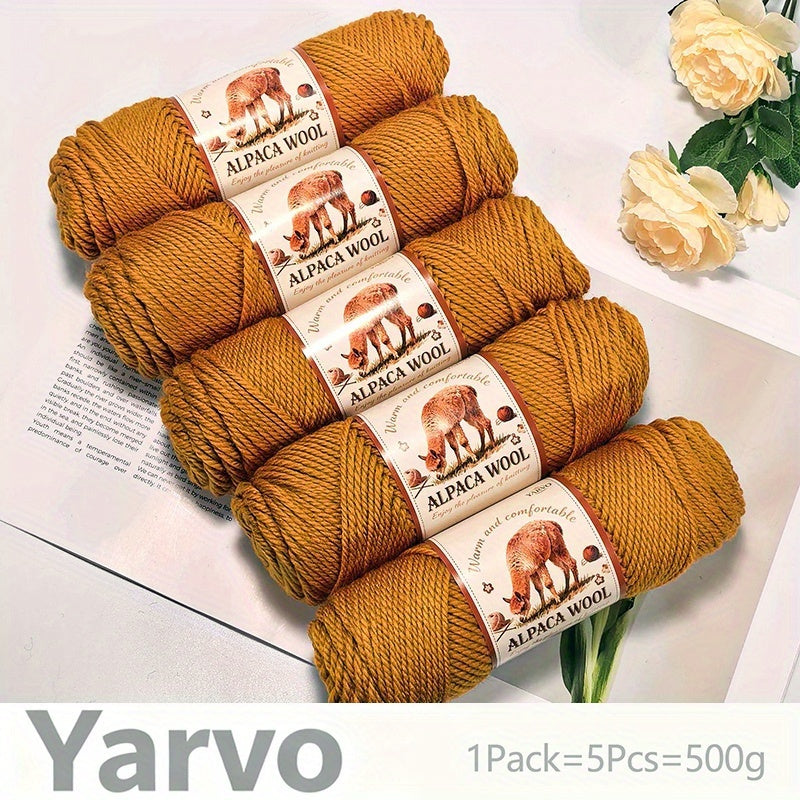 1 Pack (5 Balls) 500g Alpaca Wool Yarn - Thick Warm Winter Knitting Fiber, Alpaca Wool Yarn for DIY Hand-Knitting Scarves, Hats, Sweaters, Multi-Color (Brown/White/Black/Gray/Tan) - Perfect Gift for Crafters & Cold Weather