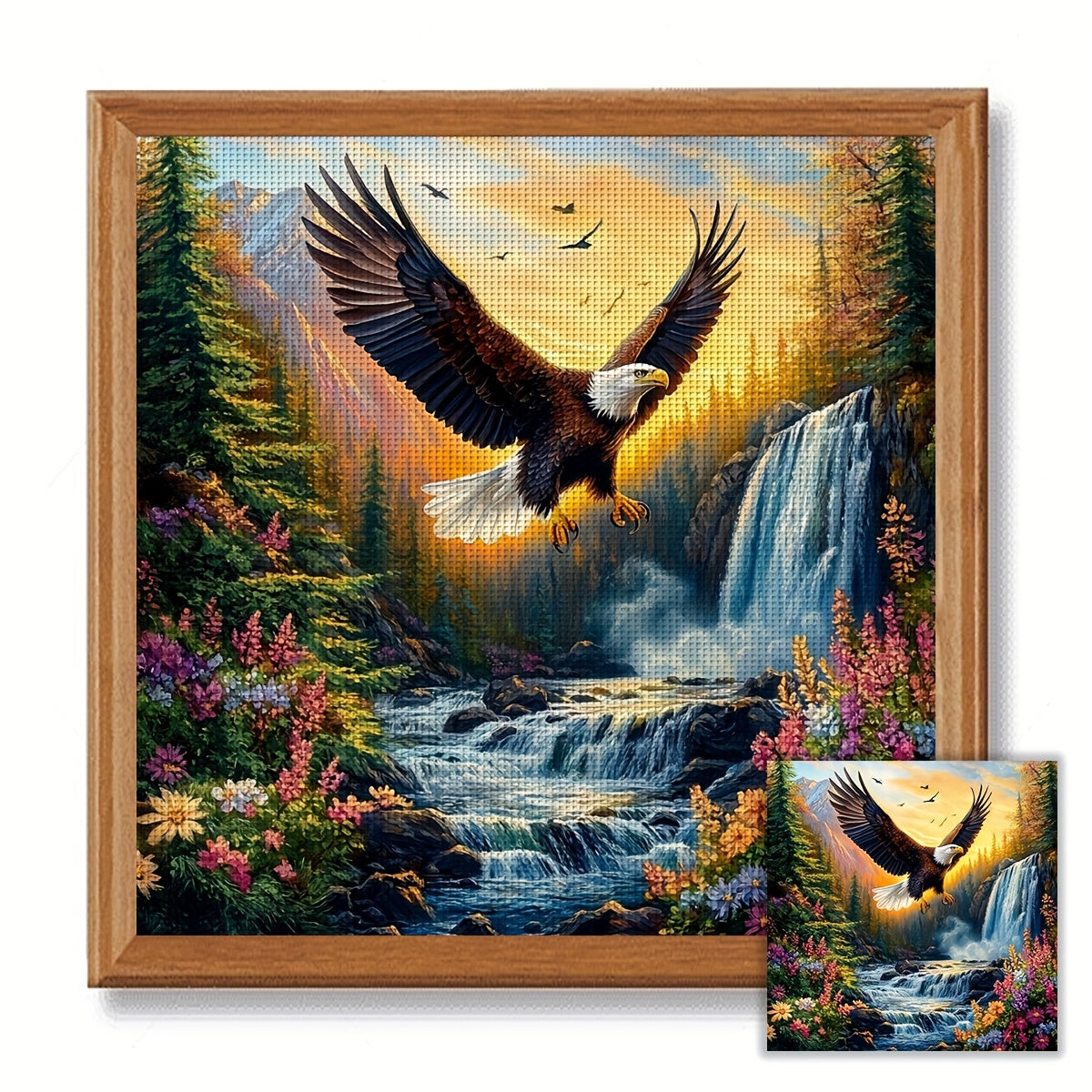JOZYSH 1pc 40x40cm/15.7x15.7in Bald Eagle in Valley Cross Stitch DIY Kit - 11CT/14CT, Vibrant Mountain Landscape with Waterfall & Wildflowers, Perfect for Beginners, Bedroom or Living Room Wall Decor, Includes Canvas, Needle,