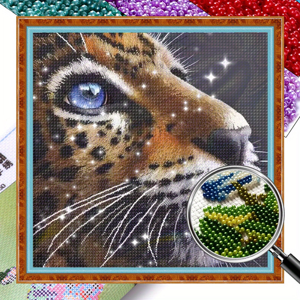 Full Embroidery Beads Printed 9CT Leopard Head Cross Stitch Kit Decor 16.54x16.54inch, Beaded Cross Stitch Kits, Cross Stitch Beaded Kits