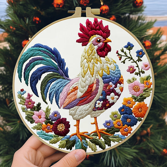 Complete rooster and floral embroidery kit for beginners, including printed pattern, embroidery frame, and needlework. Includes embroidery cloth, instructions, embroidery frame, and needlework. It's a perfect holiday gift for