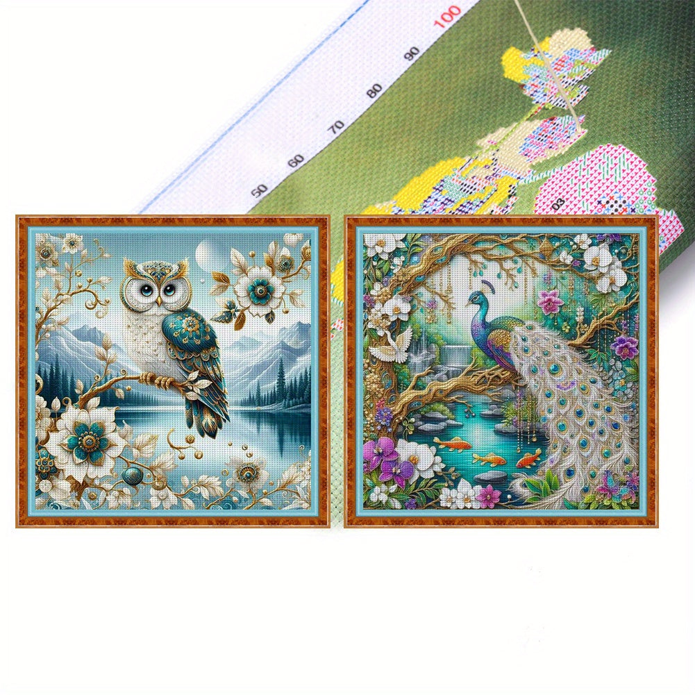 2pcs Extra Large 45x45cm (17.7x17.7in) Cross Stitch Kits with Pre-Printed Numbered Fabric - All-in-One DIY Embroidery Set with Color-Coded Threads & Needles for Owl, Peacock, Floral & Bird Patterns - Complete Step-by-Step Ins