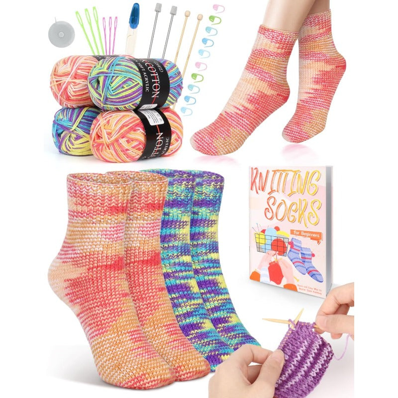 4pcs All-in-One Beginner Knitting Kit for Adults - Complete Step-by-Step Video Tutorial & E-Book Style Guide with 4 Color-Changing Sock Patterns | Yarn, 4 Knitting Needles & Detailed Instructions | All-Season Craft Set for So