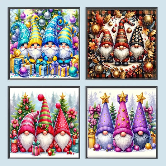 4pcs Set 20x20 & 11.81x11.81inch Colorful Christmas Gnome Combination Picture Kit, 5D DIY Diamond Painting Full Round Cross Stitch Kits Frameless Rhinestone Decorative Birthday Present, Mosaic Embroidery for Adults Beginners,