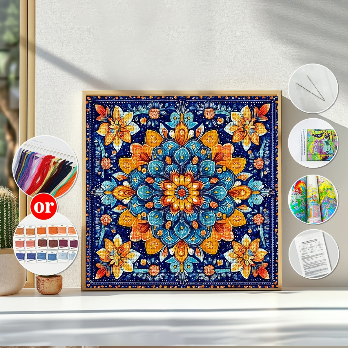 1pc JOZYSH 11CT/14CT Floral Tapestry Cross Stitch Kit - 15.75x15.75inch, Vibrant Blue & Orange Flower Design, Includes Printed Canvas, Needles, Threads, Patterns & Instructions - Ideal for Beginners, Perfect for Home & Office