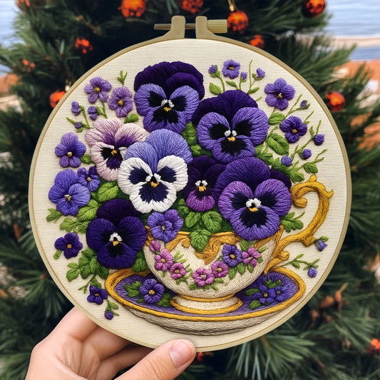 1pc ZUOANLF Floral Embroidery Kit - Vibrant Pansy Design with Purple, White & Green Flowers, Golden Accents, Includes Embroidery Hoop, Threads, and Instructions - Ideal for Beginners, Perfect for Home Decor or Gift, 7.9x7.9 I