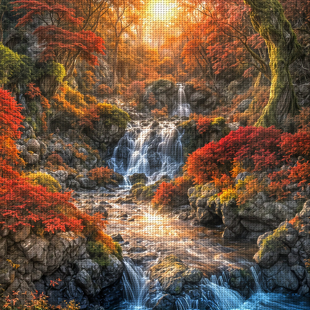 JOZYSH 1pc, 40x40cm/15.7x15.7in Autumn Landscape Cross Stitch Kit - Vibrant Mountain Waterfall Scene with Red & Orange Foliage, DIY Wall Hanging for Living Room or Bedroom, Perfect Holiday Gift, Includes Printed Pattern, Fabr
