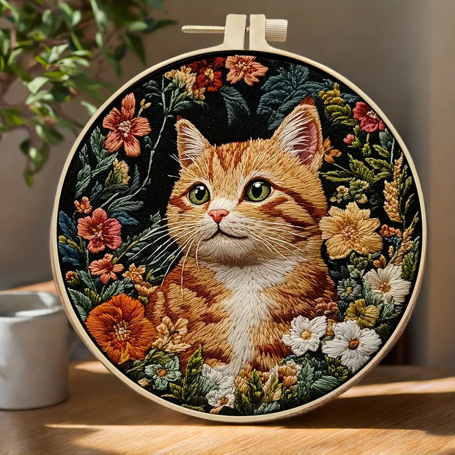 Complete Cat & Floral Embroidery Kit for Adults Beginners with Printed Patterns, Pre-Printed Fabric Hoops & Needles - All-Season DIY Craft Set with Step-by-Step Instructions, Vibrant Colors - Perfect Birthday/Holiday Gift for