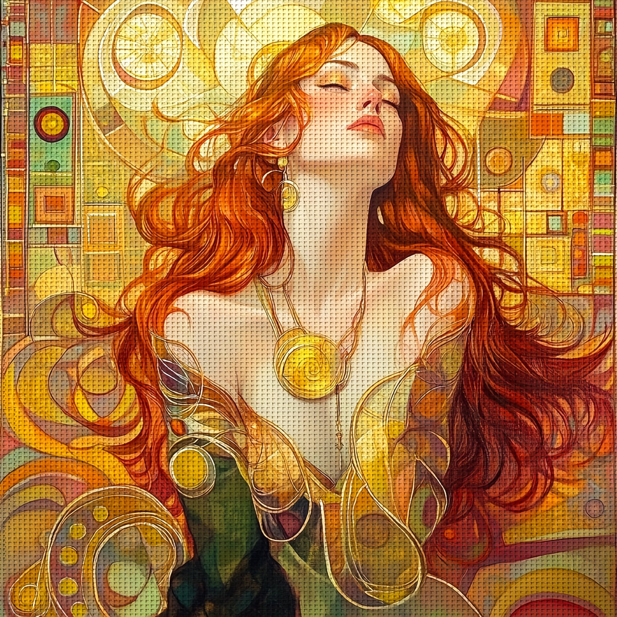 JOZYSH 1pc 15.75x15.75inch DIY Cross Stitch Kit - Vibrant Orange-Haired Woman with Golden Earrings, Detailed Pattern for Home Decor, All-Season Artistic Gift, Seasonal Home Decor|Vibrant Artwork|Detailed Craftsmanship, Cross
