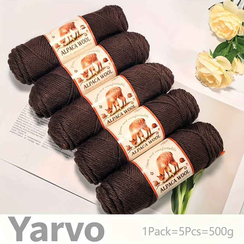 1 Pack (5 Balls) 500g Alpaca Wool Yarn - Thick Warm Winter Knitting Fiber, Alpaca Wool Yarn for DIY Hand-Knitting Scarves, Hats, Sweaters, Multi-Color (Brown/White/Black/Gray/Tan) - Perfect Gift for Crafters & Cold Weather