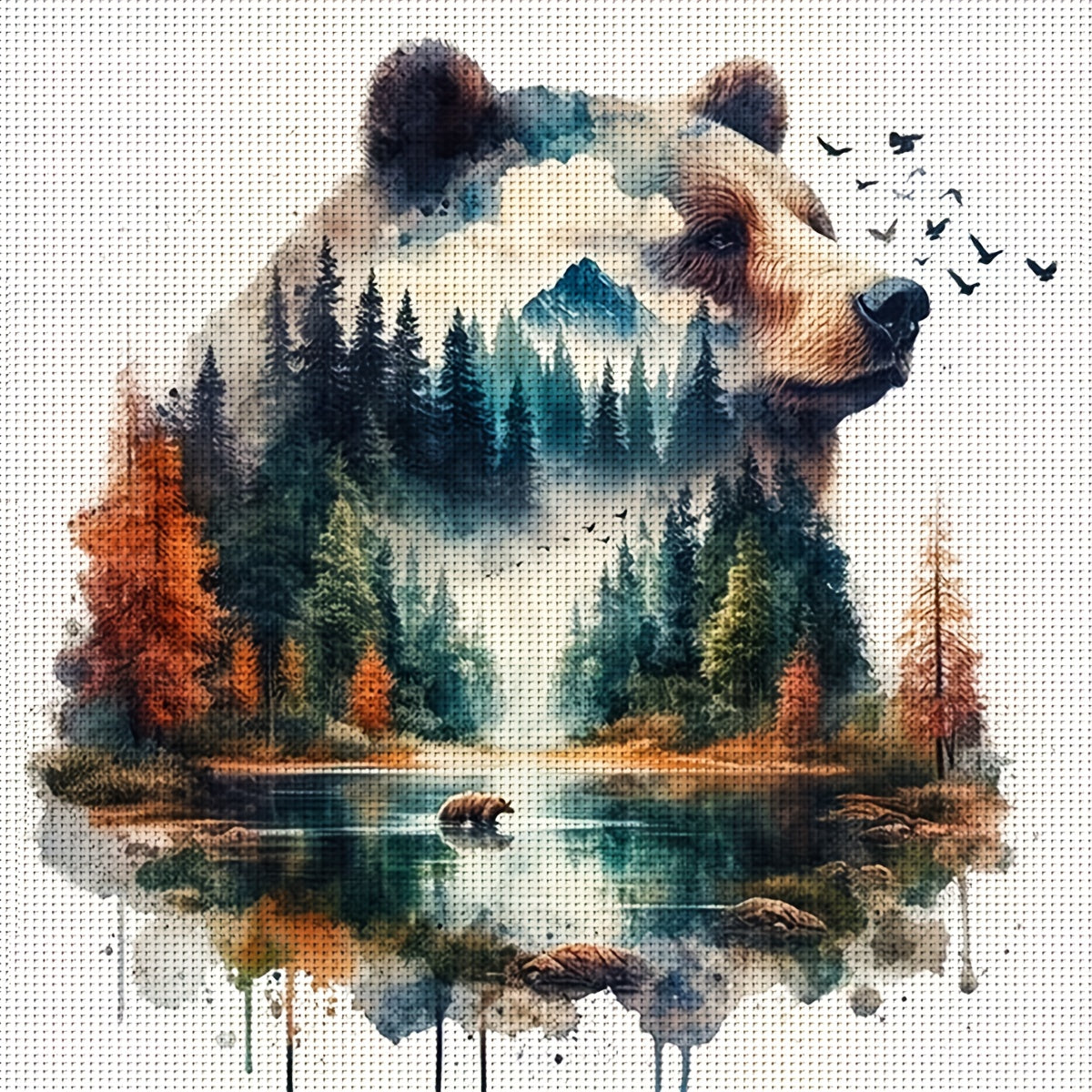 1pc JOZYSH 15.75x15.75inch DIY Cross Stitch Kit - Double Exposure Bear & Landscape, Relaxing Adult Beginner Project with Printed Canvas, Needles, Threads, Patterns & Instructions - Perfect for Home & Office Decor, Ideal Gift