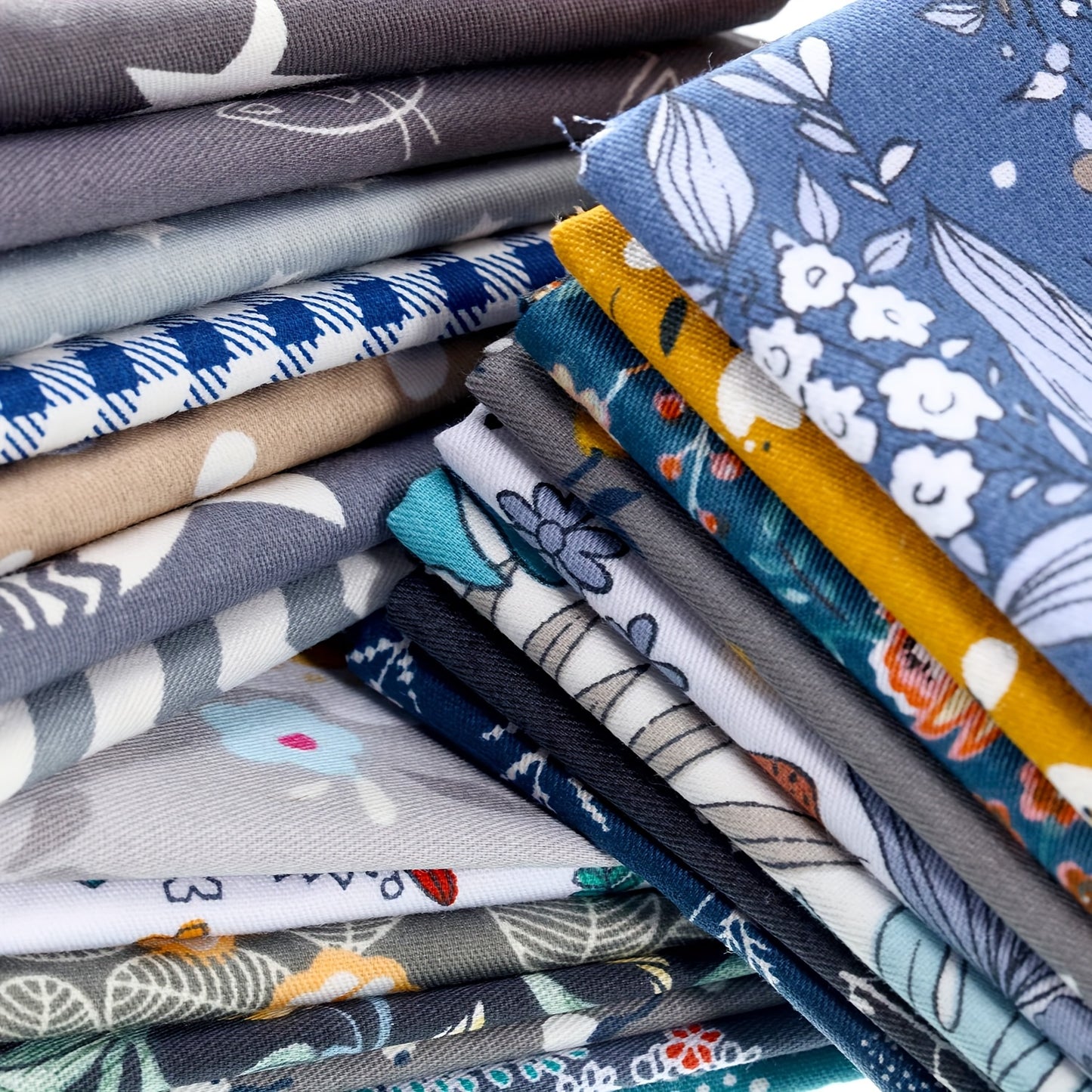 30pcs Floral Fabric Bundle - 10x10 Inch Pre-Cut Squares for Patchwork, Quilting, and DIY Crafts, Assorted Patterns Including Floral, Geometric, and Nature Motifs in Blue, Green, Yellow, Pink, and More, Hand Wash Only