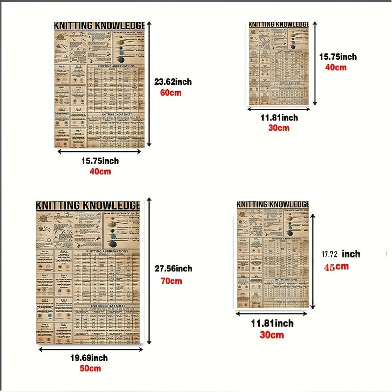 Vintage Knitting & Crocheting Handbook Poster - Frameless Canvas Stitch Guide with Needle Gauge Charts, Knitting/Stitch Dictionary for Beginners & Experts - DIY Craft Project Reference, Scandinavian Modern Wall Art for knitti