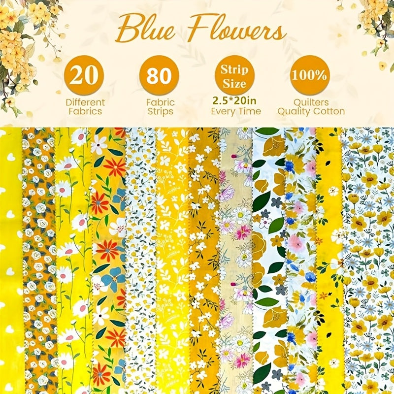 80 Pre-Cut Jelly Roll Strips - Blue Floral Printed Cotton Quilt Fabric with 20 Unique Patterns, 2.5x2 Inch Wide (10cm) Pre-Sliced for Quilting, Making, DIY Crafts, Patchwork Borders & Bedspread Binding - Hand Wash Only