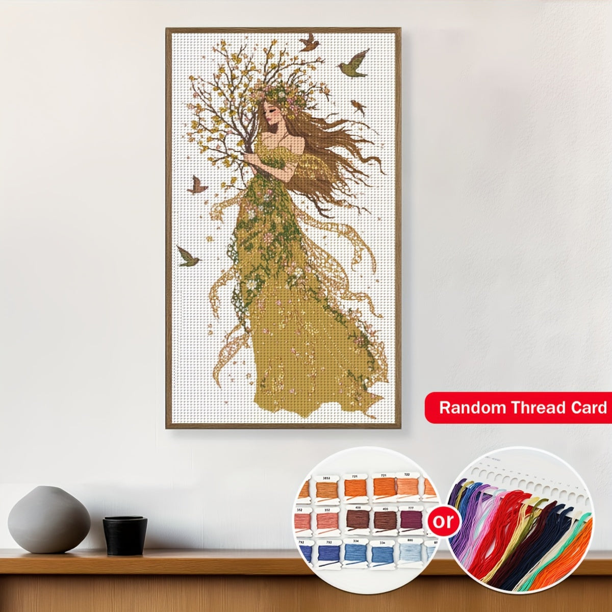 JOZYSH 1pc, 15.75x27.56inch DIY Cross Stitch Kit - Enchanting Tree Woman with Birds, Vibrant Floral Dress Design, Perfect for Living Room, Bedroom Decor, Home Art Gift, Seasonal Home Decor | Vibrant Floral Dress | Detailed St