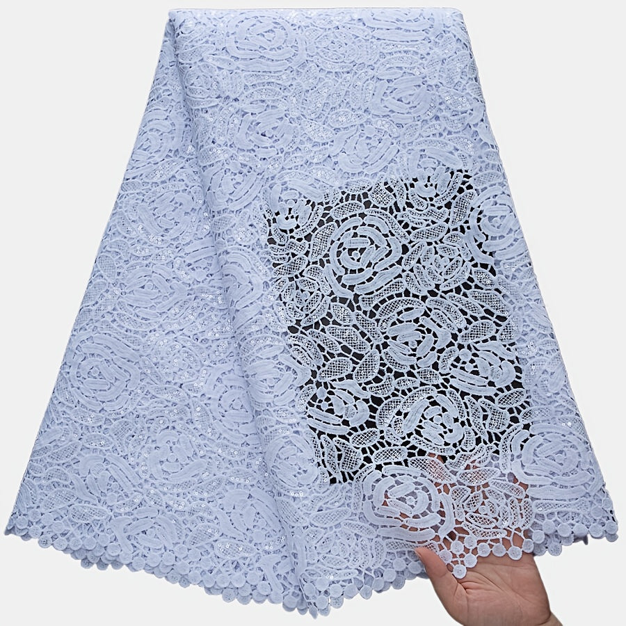 White African Water-Soluble Lace Fabric with Sequins - Nigerian Style Floral Pattern for Wedding, Party, and Prom Dresses, Hand Wash Only, Wedding Dresses, Party Dresses, Elegant Dresses, Intricate Lacework