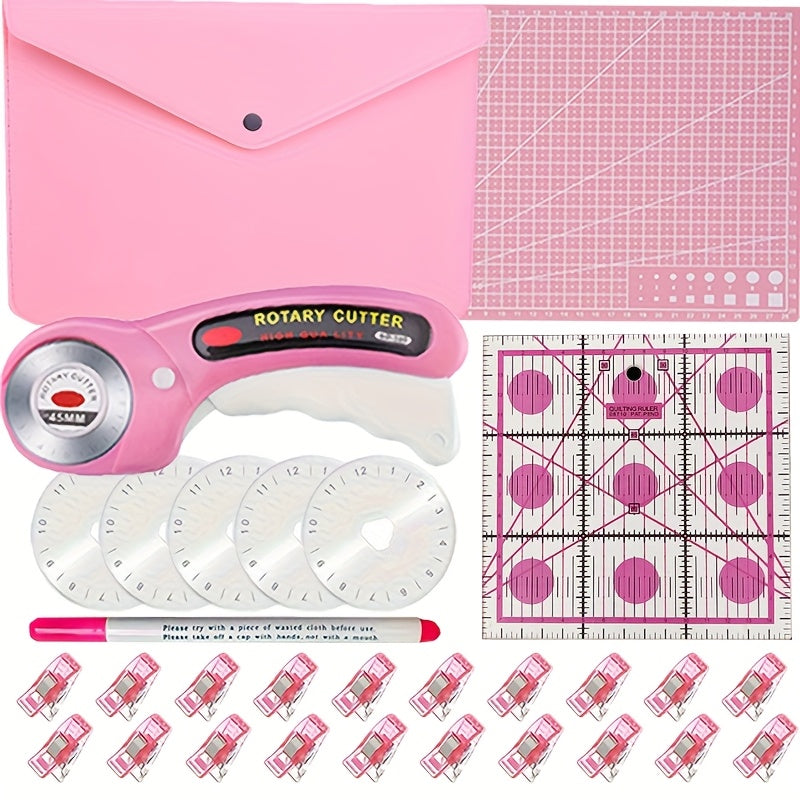 45mm Rotary Cutter Set with Pink Storage Bag, A4 Self-Healing Cutting Mat, Pink Acrylic Ruler, Quilting Roller Cutter and 5 Replacement Blades, Sewing Clips, Disappearing Marker, Suitable for Quilting, Crafting, Paper Craftin