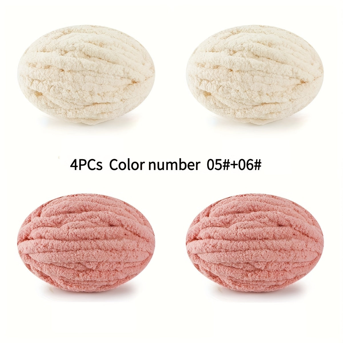 4pcs - 100% Polyester Chenille Yarn, Suitable for Crochet, Ultra-Thick Soft Fluffy Yarn, Thick Chenille Yarn for Hand Weaving, Mixed Pack of 2 Cream White + 2 Pink Beige Colors