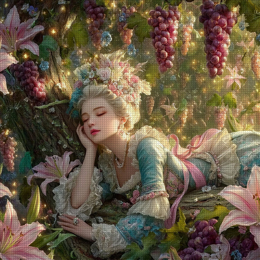 1 Set DIY Cross Stitch Kit - 11CT Large Floral Vine Lady with Lilies & Grapes, Vibrant Multicolor Nylon Fabric, Intricate Foliage Design for Home Decor, Bedroom, Office, Gift - Complete Craft Set with Pre-Printed Threads & Ho