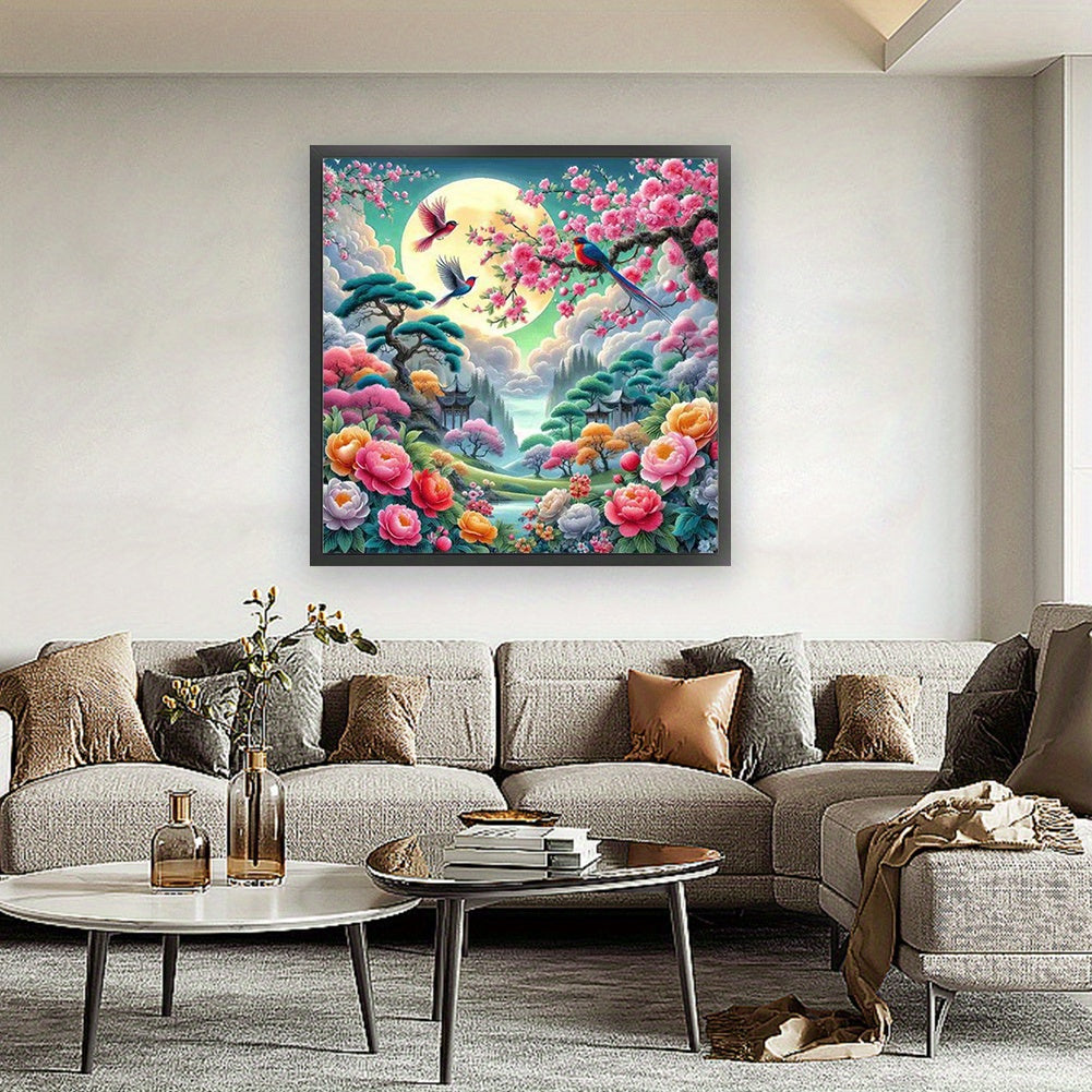 9CT Stamped Cross Stitch Kit - Spring Dance DIY Full Embroidery Canvas Art, Fantasy Nature Scenery Wall Decor with Vibrant Flowers & Birds, Ideal for Home & Office, Perfect Gift for Christmas, Anniversary, Housewarming, Craft