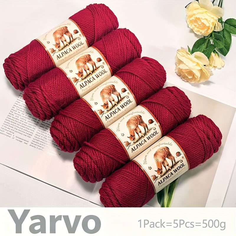1 Pack (5 Balls) 500g Alpaca Wool Yarn - Thick Warm Winter Knitting Fiber, Alpaca Wool Yarn for DIY Hand-Knitting Scarves, Hats, Sweaters, Multi-Color (Brown/White/Black/Gray/Tan) - Perfect Gift for Crafters & Cold Weather