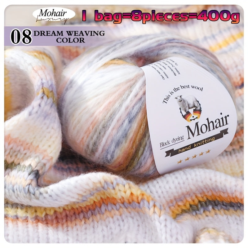1 Bag = 8 Balls = 400g Multicolor Self-Striping Mohair Yarn | Fashion Sweaters, Coats, Shawls, Trench Coats, Scarves, Hats, Gloves, Clothing Accessories - Polyester 80%, Wool 10%, Nylon 10%