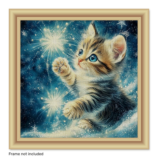 JOZYSH 1pc 11x11in Stitched Cross Stitch Kit - Adorable Kitten Playing with Sparkles, All-Season Fantasy Wall Art for Bedroom or Living Room, Includes Canvas, Needle, Thread, Pattern, and Instructions, Perfect Gift for Beginn