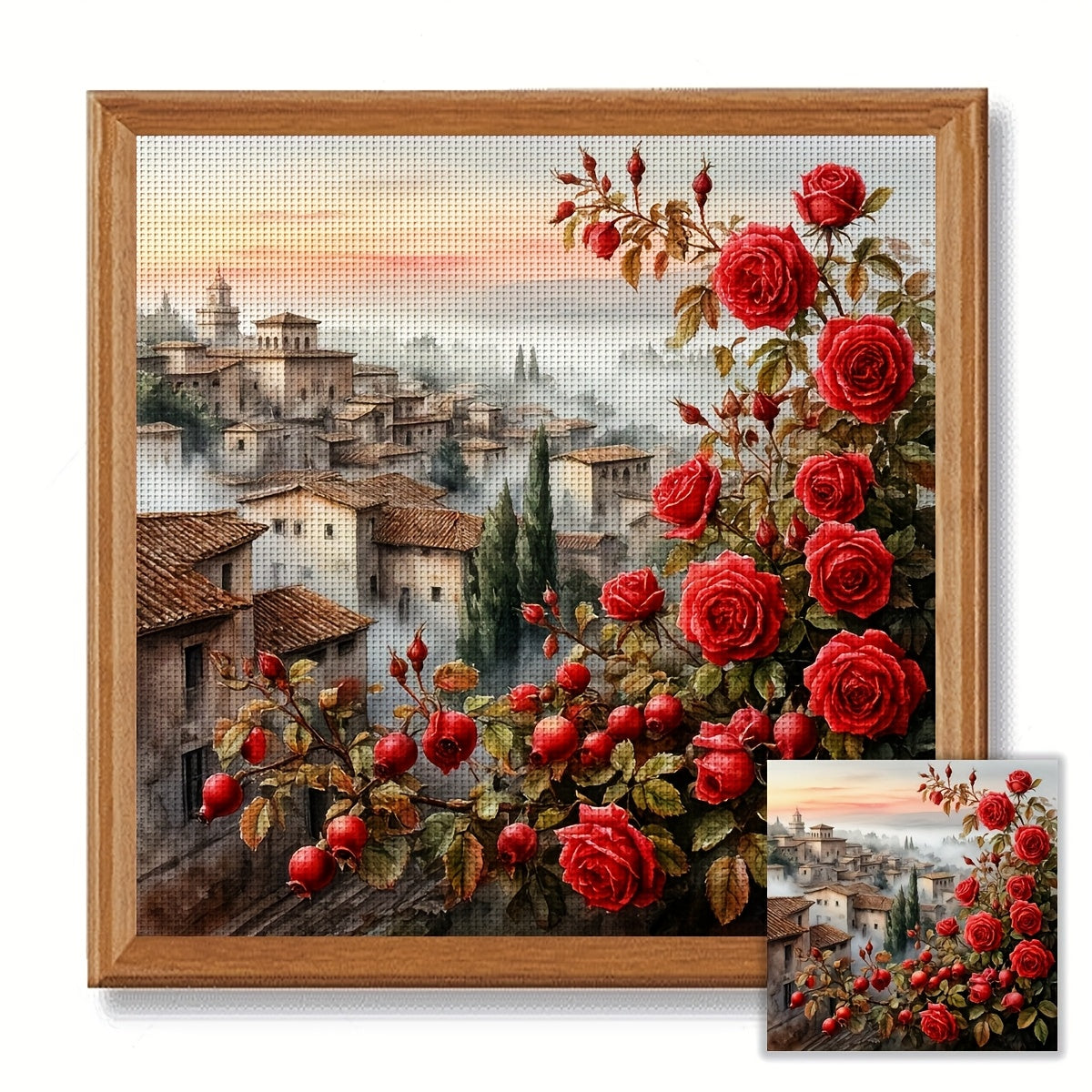 JOZYSH, 1pc, 40x40cm/15.7x15.7Inch, DIY Cross Stitch Kits, Embroidery Crafts Sets, Country of Roses, Patterned Printed Cross Stitch Kits, Random Thread Board Cross Stitch Material Kits, Living Room Entrance Bedroom Decoration