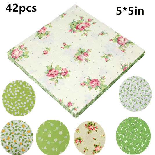 5 Inch Pre-Cut Layer Cake Squares for Quilting & DIY Crafts - Floral Print Fabric with Assorted Patterns (Pink Roses, Green Leaves, Polka Dots, Stripes) - Hand Wash Only, Mixed Colors for Scrapbooking, Bags, Home Decor
