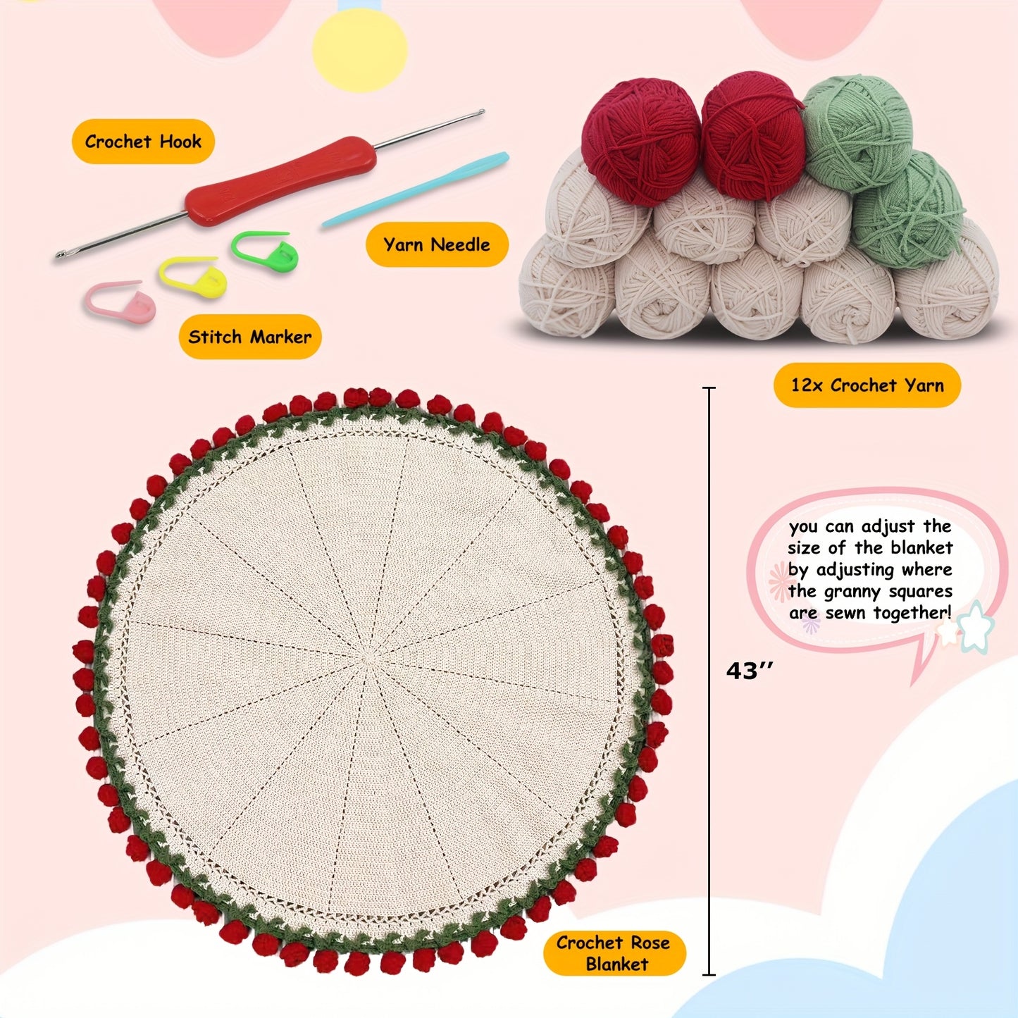 Complete DIY Crochet Flowers Bouquet Blanket Kit - 43-Inch Round Handmade Yarn Throw with 12 Yarn Balls, Crochet Hook & Tools for Beginners, Adults - All-Season Soft Knitting Craft (Pink/Red/Green) - Cozy Handmade Gift