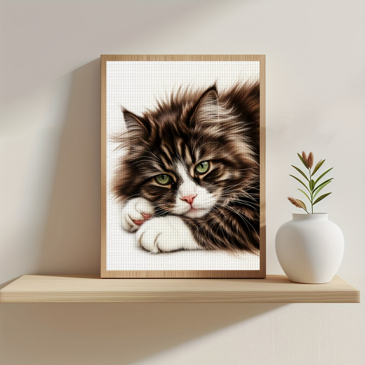 1pc JOZYSH DIY Cross Stitch Kit - Tabby Cat with Green Eyes & Brown/White, 11/14CT Frameless Embroidery Set, Complete Craft Kit with Threads & Fabric for s &, All-Season Home Decor Art (11.81x15.75inch/15.75x19.69inch) - Comp