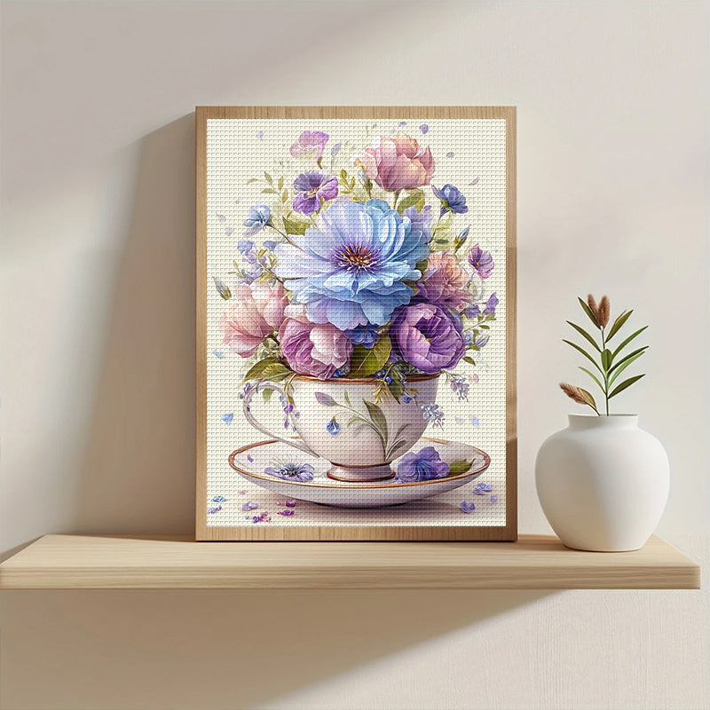 1pc DIY Floral Cross Stitch Kit - 13, 8x17, 7in Frameless Fabric, 11CT Printed Design with Vibrant Blue & Pink Flowers, Green Leaves, and White Cup & Saucer - Ideal for Home Wall Decor, Mother'S Day Gift, Crafting Supplies In