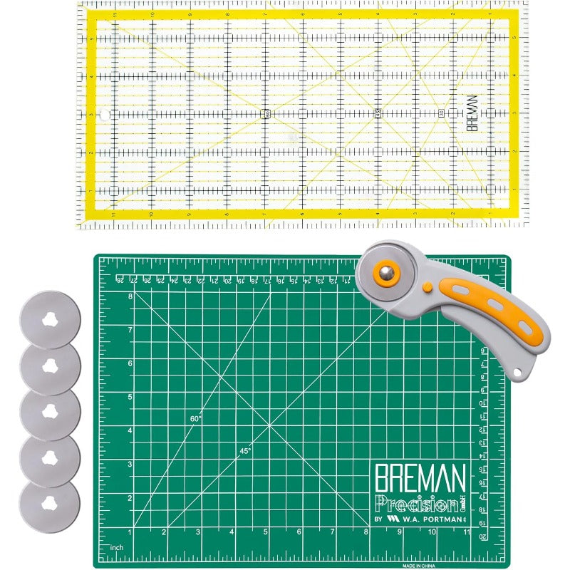 3pcs WA Portman Self-Healing Cutting Mat & Rotary Cutter Set with 5 Refill Blades, 9"x12" Fabric Quilting Ruler System, 45mm Fabric Cutter (with Lock) & Acrylic Ruler for quilting, sewing, DIY Crafts Kit - All-in-One Cutting