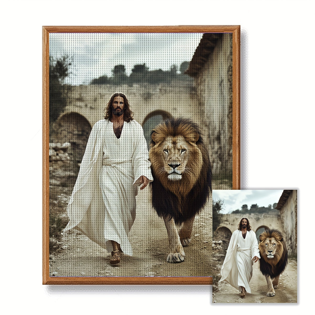 1pc JOZYSH Jesus and Lion Religious Cross Stitch Kit - Complete DIY Set with Printed Canvas, Threads, Needles & Instructions, 30x40cm/40x50cm (11.8x15.7in/15.7x19.6in) Handmade Christian Wall Art, Lion of Judah Gift for s &,
