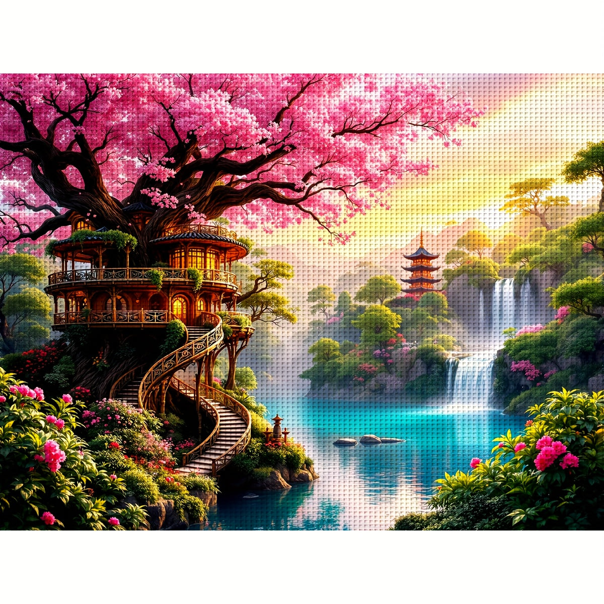 ZUOANLF 1 Set 15.75x19.69inch DIY Cross Stitch Kit - Vibrant Landscape with Cherry Blossom Tree, Waterfall, and Pagoda - Unframed, All-Season Home Decor for Living Room, Entryway, or Bedroom - Includes Pattern Fabric and Thre