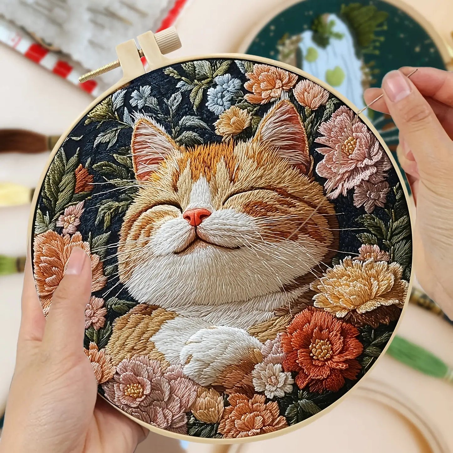 Complete Cat & Floral Embroidery Kit for Adults Beginners with Printed Patterns, Pre-Printed Fabric Hoops & Needles - All-Season DIY Craft Set with Step-by-Step Instructions, Vibrant Colors - Perfect Birthday/Holiday Gift for