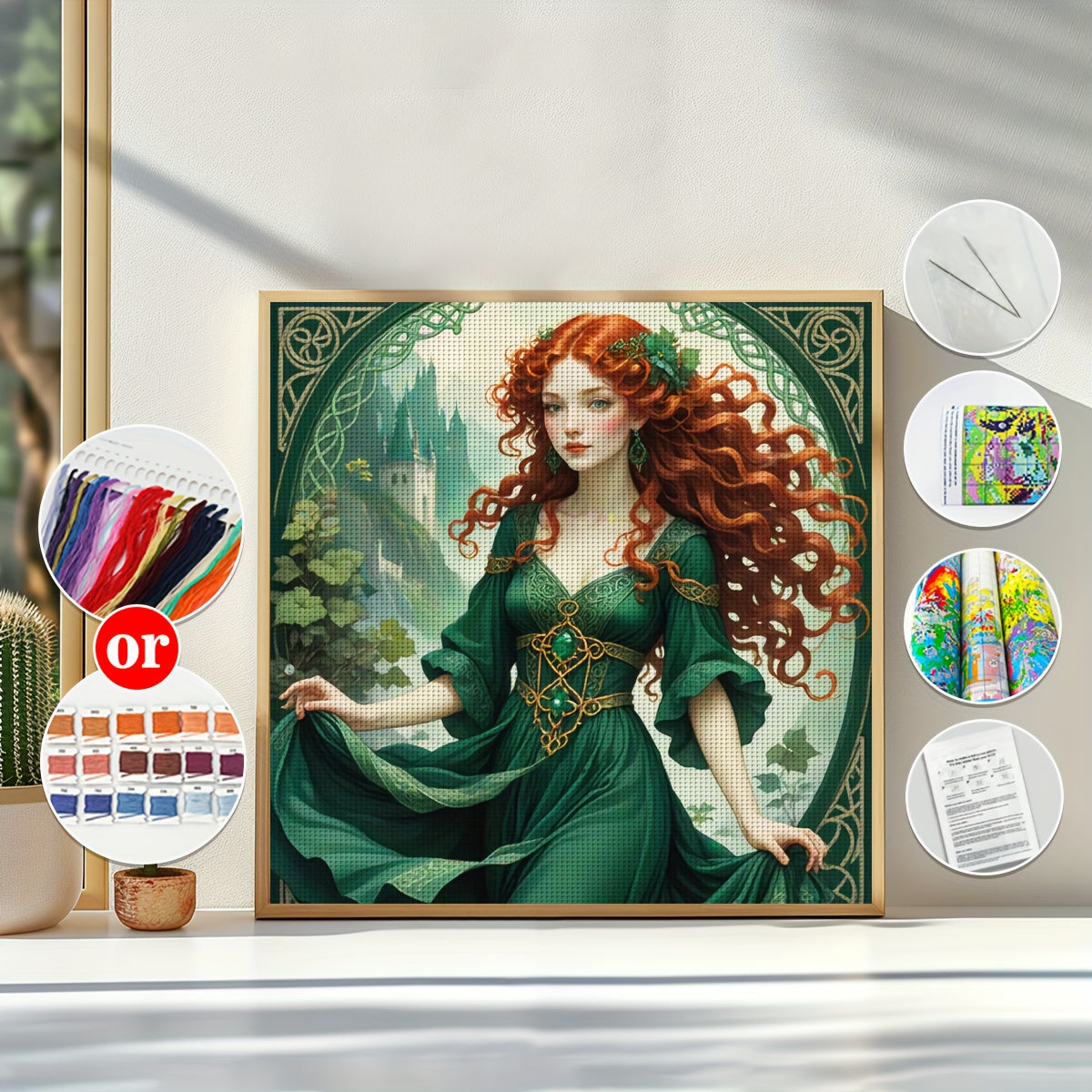 1pc JOZYSH 40x40cm/15.7x15.7in Frameless Cross Stitch Kit - Elegant Red-Haired Woman Design, 11CT/14CT, Includes Canvas, Needle, Thread, Pattern & Instructions - Ideal for Beginners, Perfect Gift for Friends & Family, Cross S