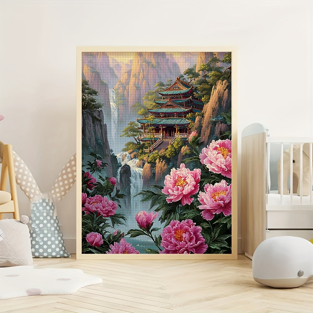 DIY Cross Stitch Kit - Vibrant Mountain Landscape with Pagoda & Cherry Blossoms, 11CT Embroidery Set with Pre-Printed Canvas, Needles, Threads, and Instructions, Complete Craft Supplies for Beginners, Embroidery Kit|Scenic Em