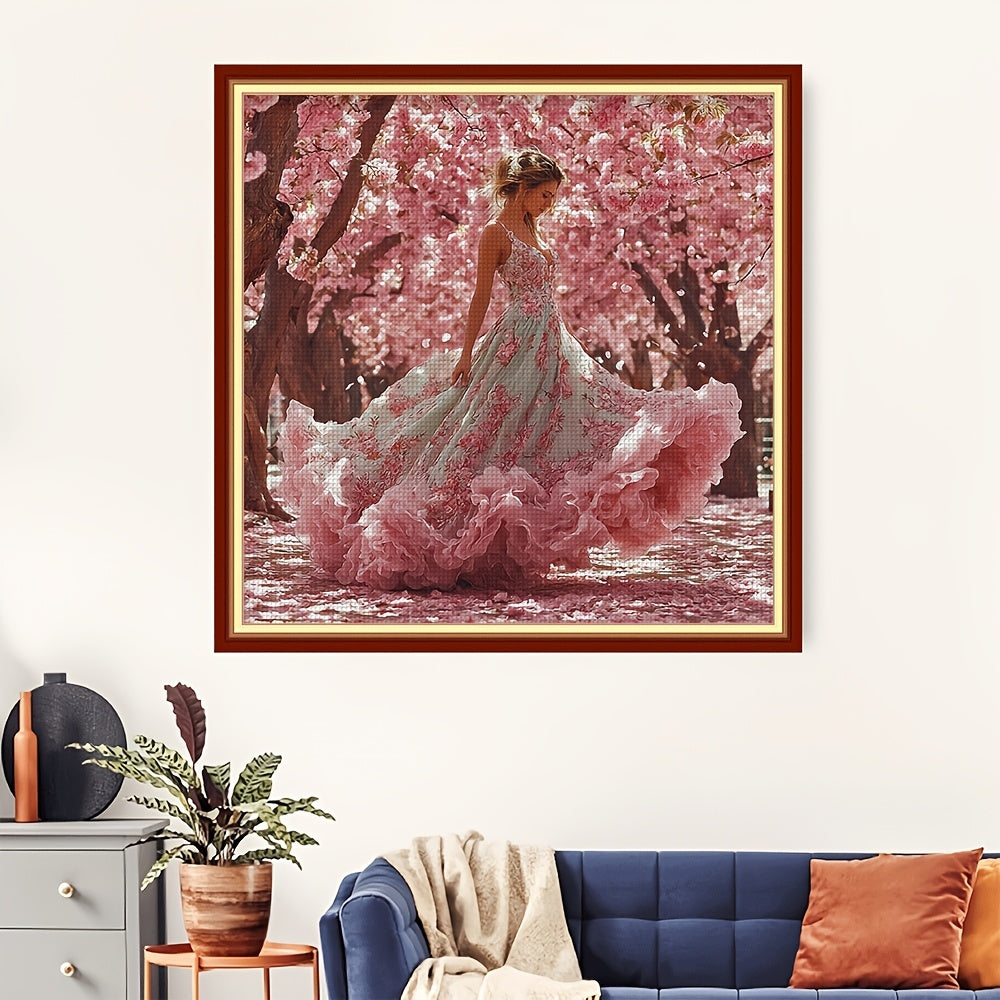 Floral Embroidery Cross Stitch Kit - Vibrant Pink Cherry Blossom Design, Nylon Thread, All-Season Crafting, Intricate Floral Patterns for Home Decor, Embroidery Kit|Floral Embroidery|Detailed Embroidery, Cross Stitch Kits