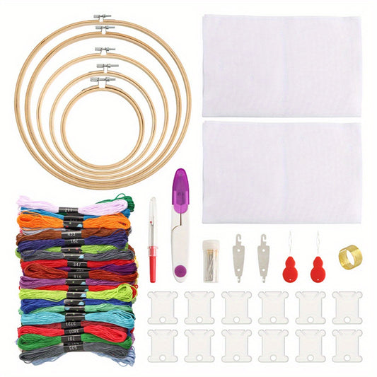 Complete Cross Stitch Starter Kit with Scissors, Hoop (Compatible with A//D/L/M/N/R/Sizes), Needle Threader, Color-Coded Threads & Guide - All-in-One Beginner's Craft Set for DIY Embroidery, Fabric & Hoarding-Free, Embroidery