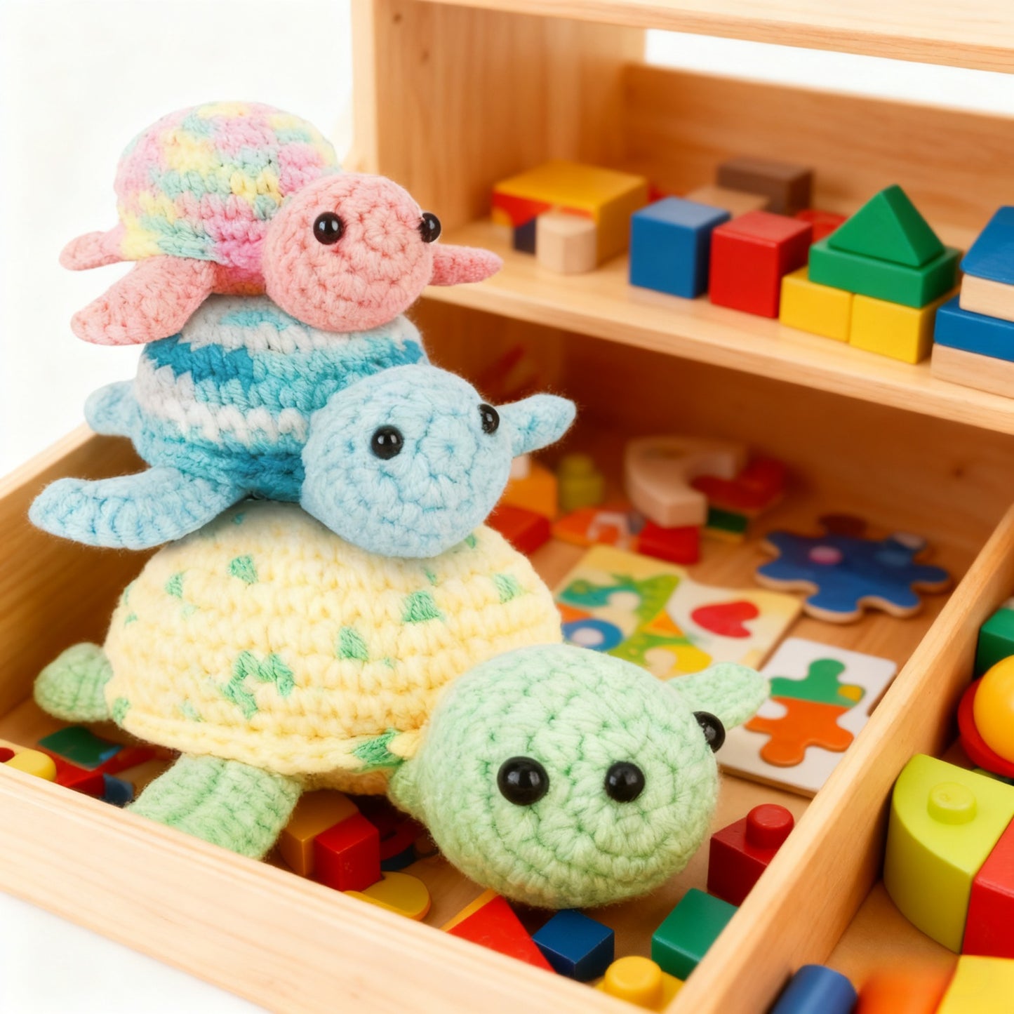 3pcs Crochet Sea Turtle Kit - Beginner-Friendly Yarn Set with 3 Colors (Yellow, Blue, Pink), Soft Fabric, Easy-to-Follow Instructions