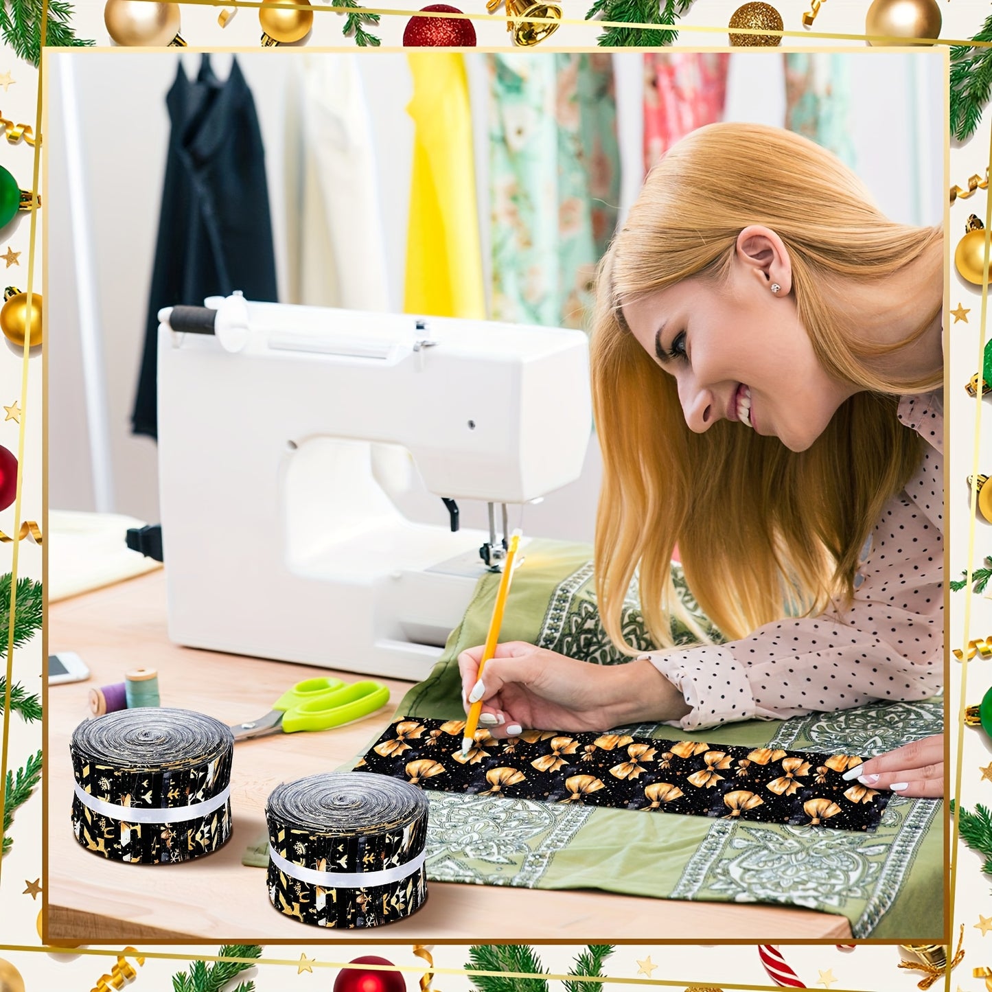 40pcs Black and Golden Christmas Jelly Fabric | 39.4 Inches Long Quilting Patchwork Roll, 2.55 Inch Precut Strips for Xmas Holiday Craft Sewing, Hand Wash Only, Print Pattern by DREYOO