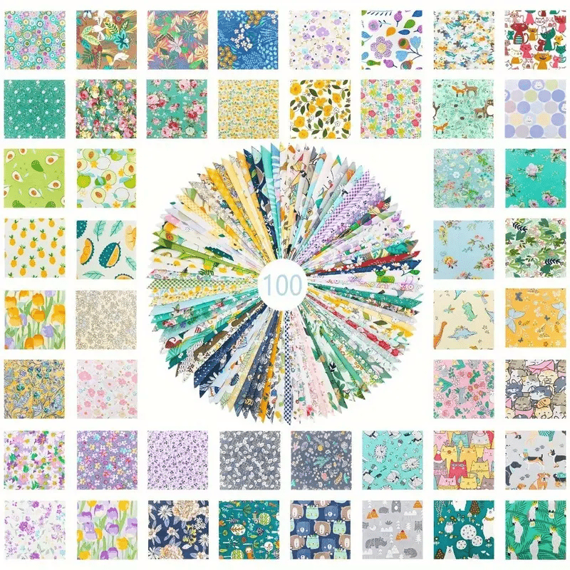 100PCS 10 x 10 cm Floral 100% Cotton Fat Quarters Fabric for Sewing and Quilting Bundles Precut Fabric Square for DIY Craft Patchwork
