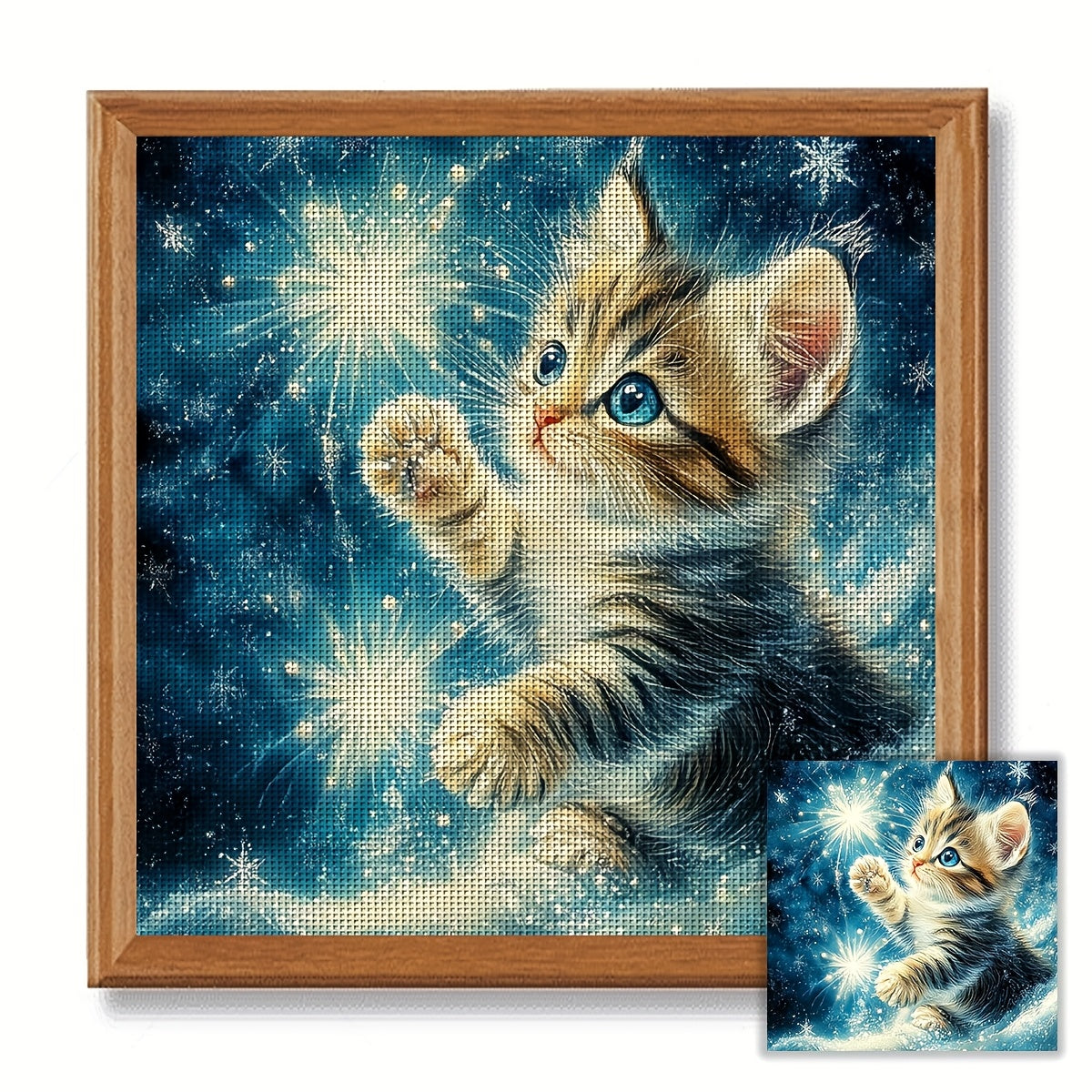 JOZYSH 1pc 11x11in Stitched Cross Stitch Kit - Adorable Kitten Playing with Sparkles, All-Season Fantasy Wall Art for Bedroom or Living Room, Includes Canvas, Needle, Thread, Pattern, and Instructions, Perfect Gift for Beginn