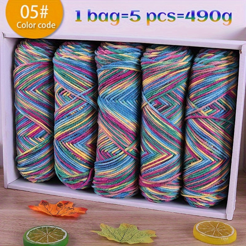 490g Multicolor Gradient Ombre Yarn Skein for Hand Knitting, 5-Ply Yarn Ball for Autumn/Winter Fashion Sweaters, Scarves, Hats, Gloves, Gifts, and Crafts, 5 Skeins per Pack