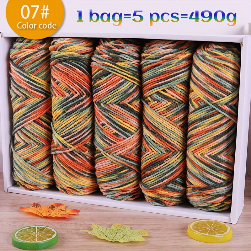 490g Multicolor Gradient Ombre Yarn Skein for Hand Knitting, 5-Ply Yarn Ball for Autumn/Winter Fashion Sweaters, Scarves, Hats, Gloves, Gifts, and Crafts, 5 Skeins per Pack