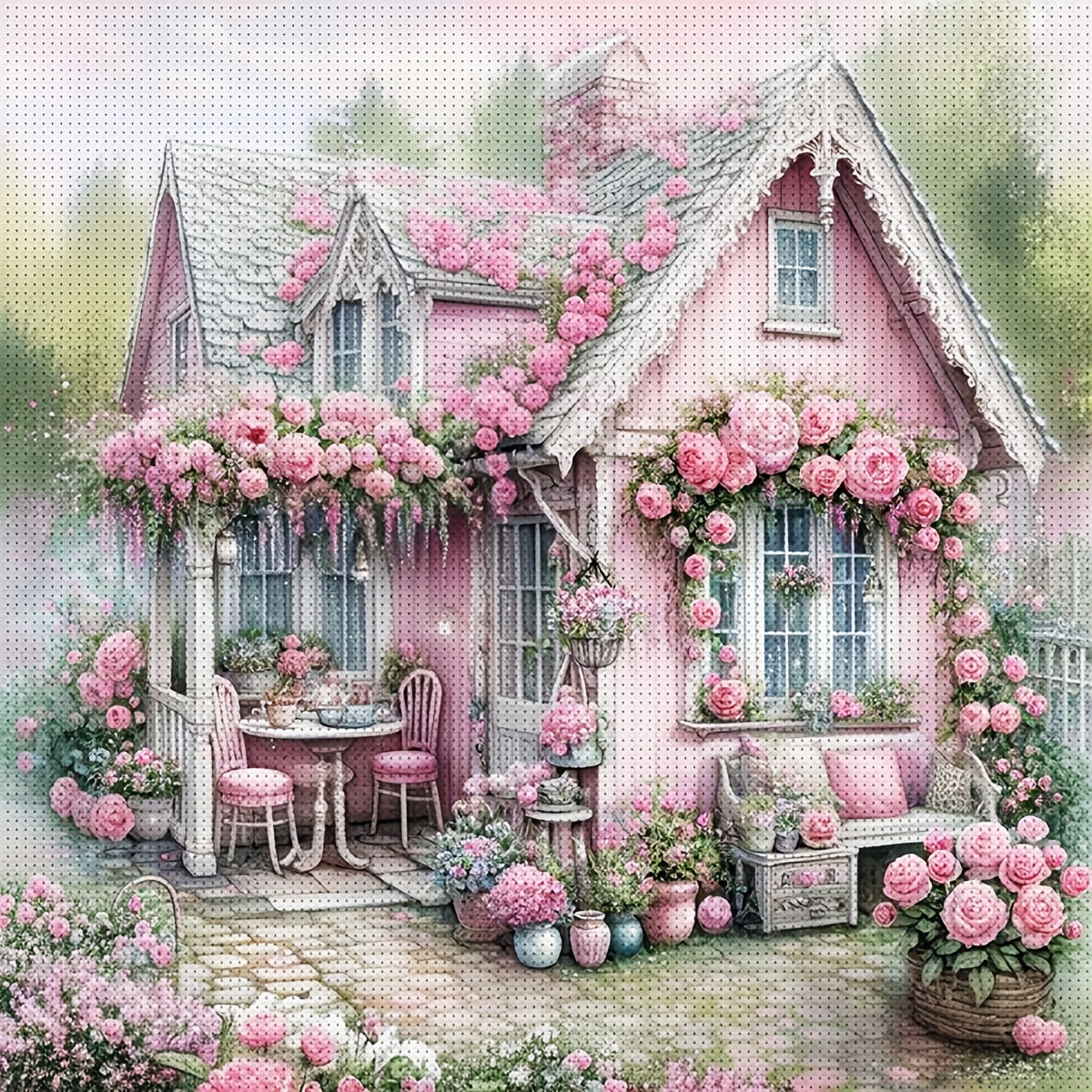 JOZYSH Enchanting Pink House Cross Stitch Kit - 15.7x15.7inch/19.7x19.7inch, Frameless DIY Embroidery Set for Beginners & Adults, Includes Printed Fabric, Needle, Thread, Pattern & Instructions - Ideal for Home Office Wall De