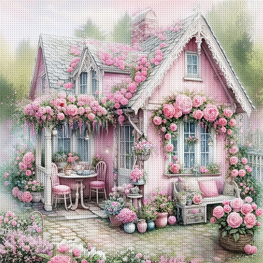 JOZYSH Enchanting Pink House Cross Stitch Kit - 15.7x15.7inch/19.7x19.7inch, Frameless DIY Embroidery Set for Beginners & Adults, Includes Printed Fabric, Needle, Thread, Pattern & Instructions - Ideal for Home Office Wall De